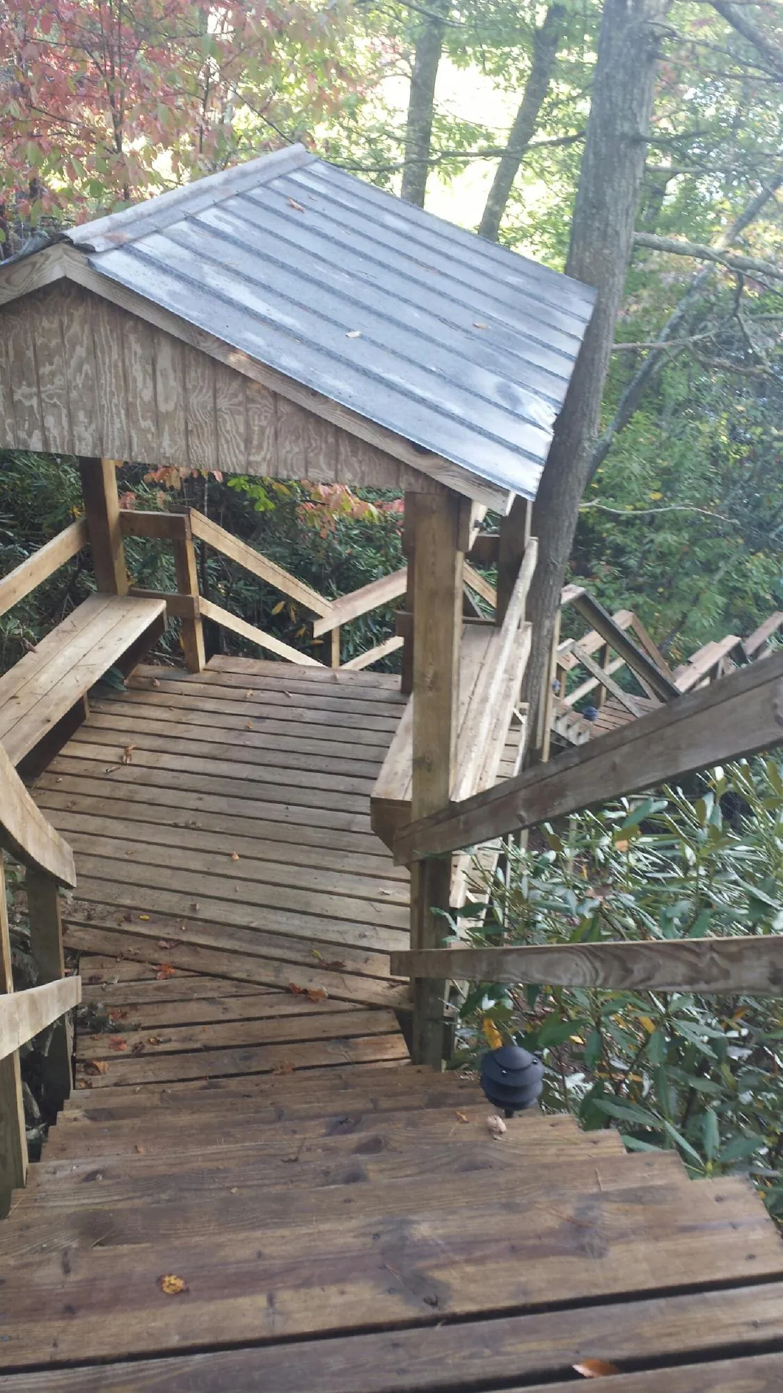 Metal roofed shelter over wooden steps on a wooded walkway — Skylight Repair & Installation work by our crew in New Richland